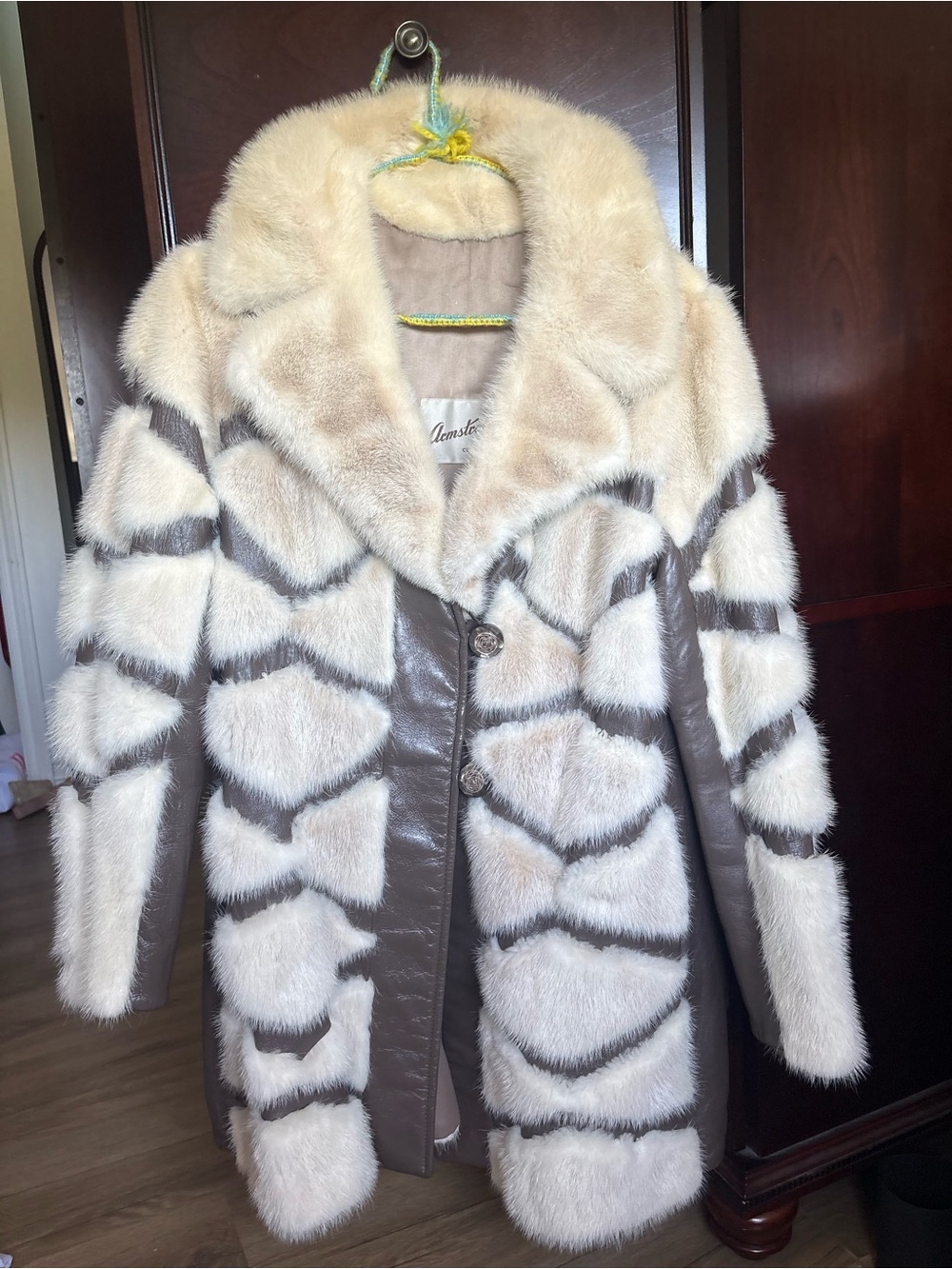 Real Mink Fur Trimmed Cream and Brown Women's Coat